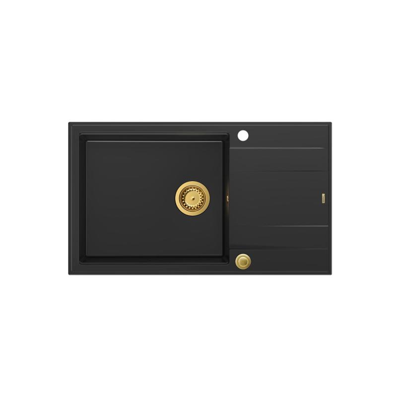 Quadri Luton fekete gránit nagy felépítmény mosogató csepegtetővel, megfordítható, 86x50cm, arany dugóval 1208967327