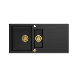 Quadri Luton fekete gránit 1,5 medencés, forgatható mosogató csepegtető felülettel 100x50 cm arany dugóval 1208967346