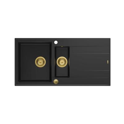 Quadri Luton fekete gránit 1,5 medencés, forgatható mosogató csepegtető felülettel 100x50 cm arany dugóval 1208967346