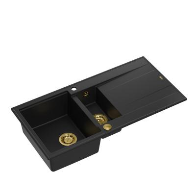Quadri Luton fekete gránit 1,5 medencés, forgatható mosogató csepegtető felülettel 100x50 cm arany dugóval 1208967346