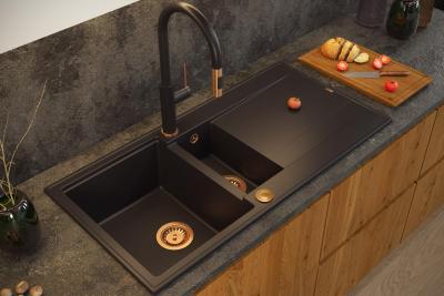 Quadri Luton fekete gránit mosogató 1,5 mosogatómedencével és csepegtetővel, megfordítható, 100x50cm, réz dugóval 1208967347