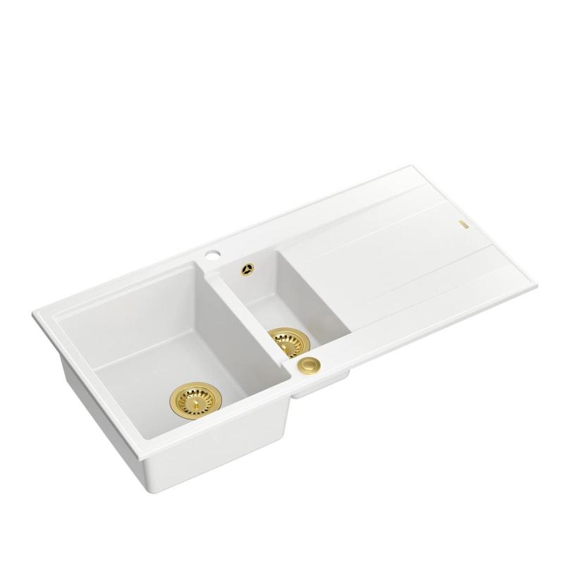 Quadri Luton fehér gránit felépítmény 1,5 mosogatótálcával és csepegtetővel, megfordítható, 100x50cm, arany dugóval 1208967348