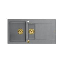 Quadri Luton szürke gránit mosogató 1,5 medencével, csepegtetővel, megfordítható, 100x50cm, arany dugóval 1208967351