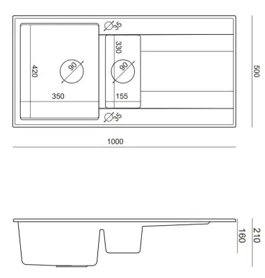 Quadri Luton antraciet gránit felépítmény 1,5 mosogatótálcával és csepegtetőfelülettel, megfordítható, 100x50 cm, rozsdamentes acél dugóval 1208967353