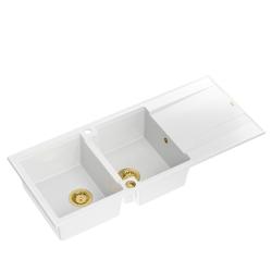 Quadri Luton kétmedencés fehér gránit mosogató csepegtetővel 116x50 cm arany szűrővel 1208967358