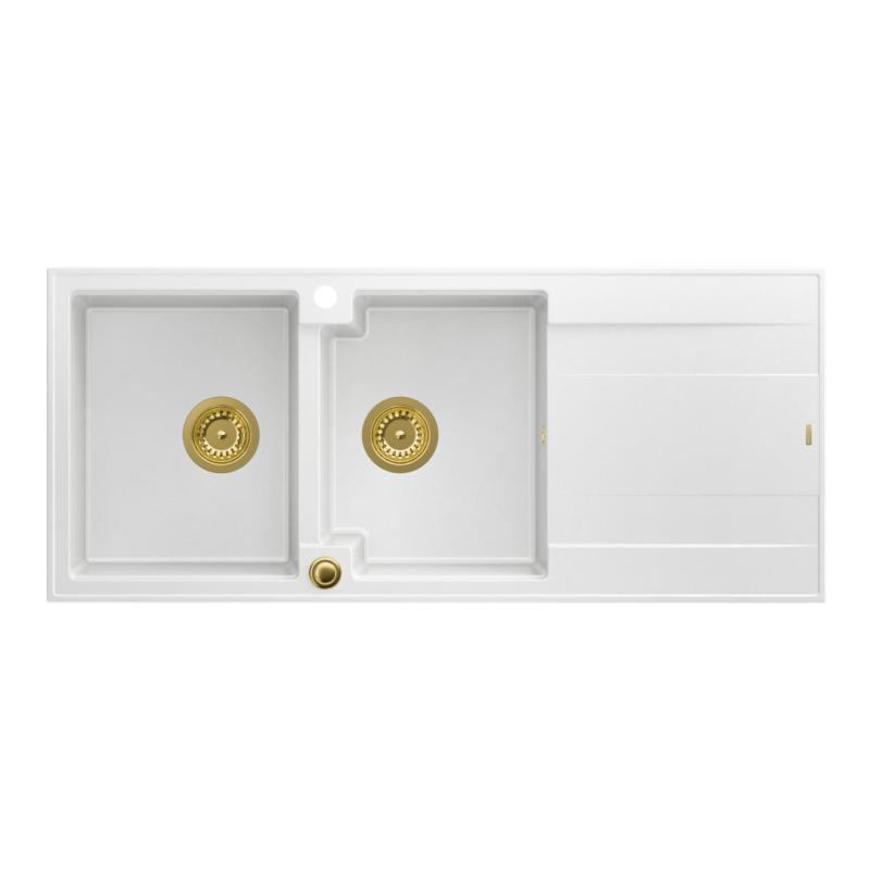 Quadri Luton kétmedencés fehér gránit mosogató csepegtetővel 116x50 cm arany szűrővel 1208967358
