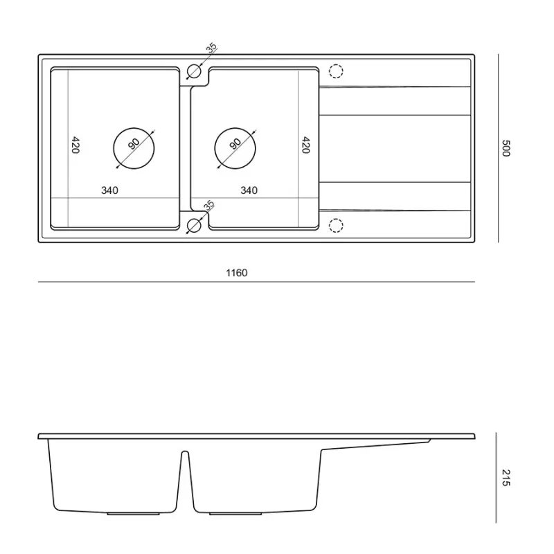 Quadri Luton felépítésű dupla gránit mosogató szürke csepegtetőtálcával 116x50 cm rozsdamentes acél dugóval 1208967360