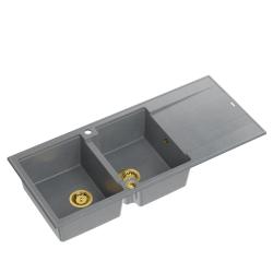 Quadri Luton kétmedencés gránit mosogató szürke csepegtetővel 116x50 cm arany lefolyóval 1208967361