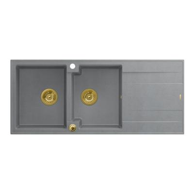 Quadri Luton kétmedencés gránit mosogató szürke csepegtetővel 116x50 cm arany lefolyóval 1208967361