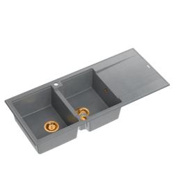 Quadri Luton mosogató dupla gránit szürke csepegtetővel 116x50 cm réz dugóval 1208967362