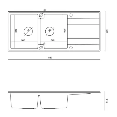 Quadri Luton beépített dupla gránit mosogató antracit csepegtető résszel 116x50 cm réz dugóval 1208967365