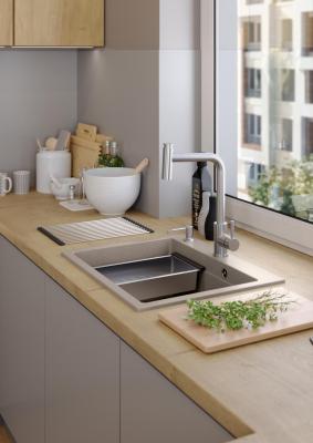 Quadri Durham taupe gránit felépítésű mosogató 595x500 szappanadagolóval, vágódeszkával, beépített mosogatóval és hengerlappal 1208967376