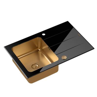 Quadri Glazz felépítmény réz mosogató fekete üveg csepegtetővel 78x50 megfordítható 1208967406