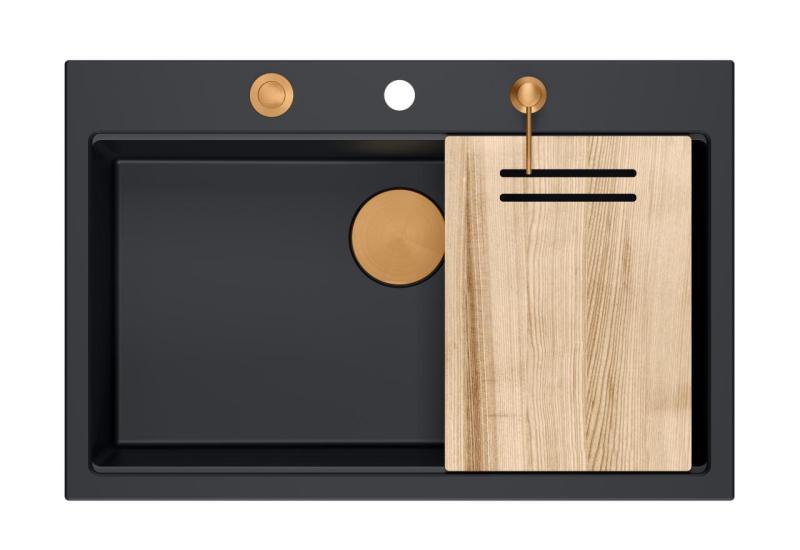 Quadri Hard Rock mat zwarte granieten opbouw grote spoelbak 76x50cm inclusief koperen plug en accessoire 1208967423Quadri Hard Rock matt fekete gránit felületi nagy mosogató 76x50 cm, réz d