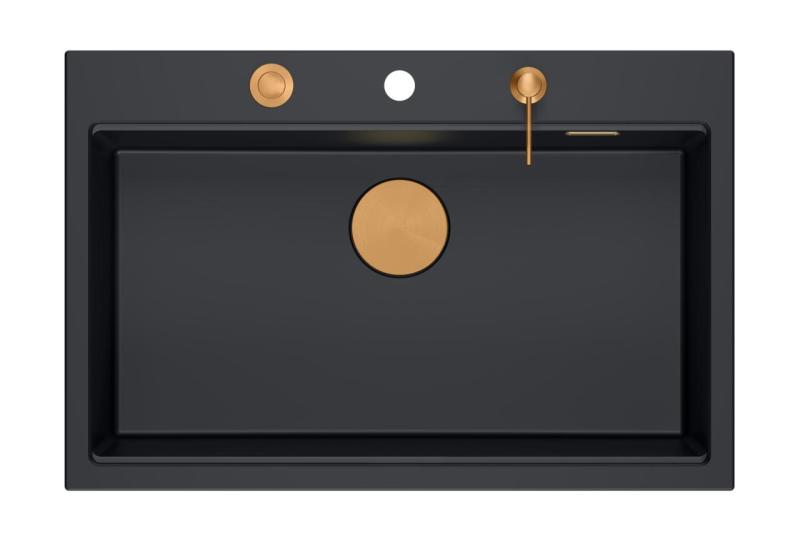 Quadri Hard Rock mat zwarte granieten opbouw grote spoelbak 76x50cm inclusief koperen plug en accessoire 1208967423Quadri Hard Rock matt fekete gránit felületi nagy mosogató 76x50 cm, réz d