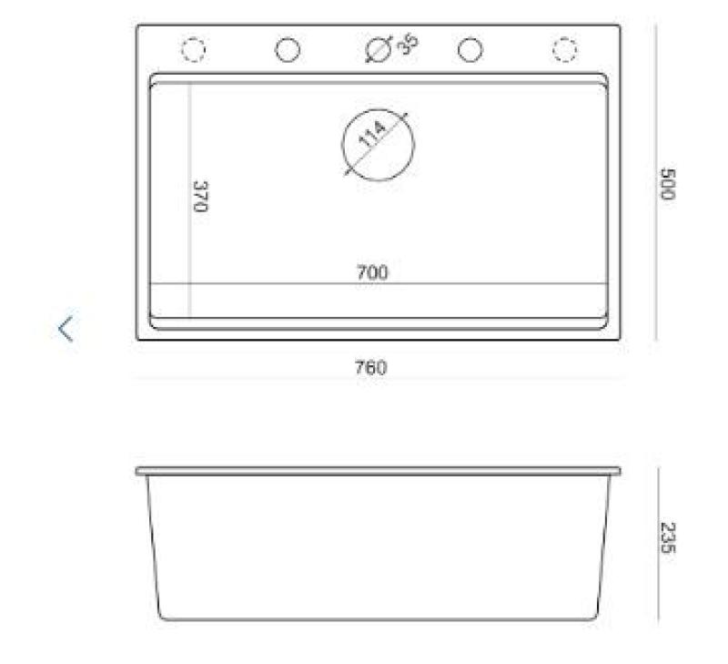 Quadri Hard Rock mat zwarte granieten opbouw grote spoelbak 76x50cm inclusief koperen plug en accessoire 1208967423Quadri Hard Rock matt fekete gránit felületi nagy mosogató 76x50 cm, réz d