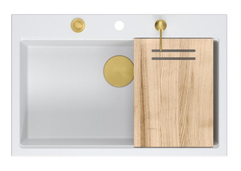 Quadri Hard Rock fehér gránit mosogató nagy medence 76x50cm arany dugóval és tartozékokkal 1208967424