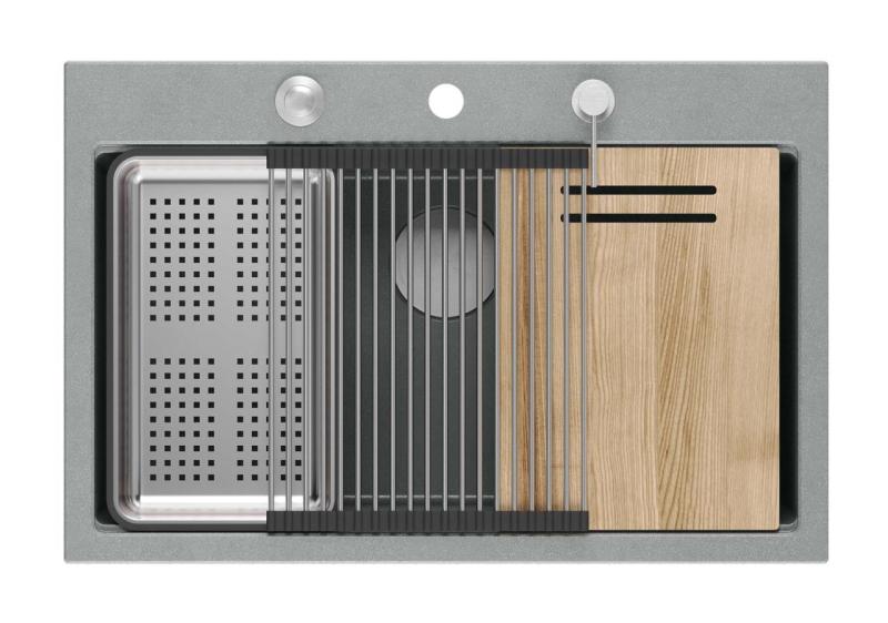 Quadri Hard Rock szürke gránit felépítés nagy mosogatótálca 76x50cm rozsdamentes acél dugóval és kiegészítőkkel 1208967430