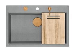 Quadri Hard Rock szürke gránit felépítmény nagy mosogatótálca 76x50cm réz dugóval és tartozékokkal 1208967435