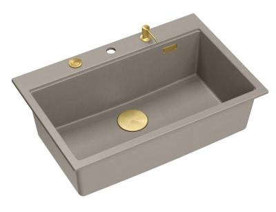 Quadri Hard Rock taupe gránit felépített nagy mosogató 76x50cm arany dugóval és tartozékokkal 1208967436