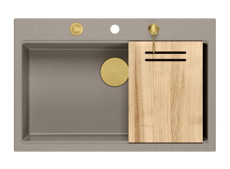 Quadri Hard Rock taupe gránit felépített nagy mosogató 76x50cm arany dugóval és tartozékokkal 1208967436