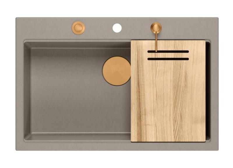Quadri Hard Rock taupe gránit felépítmény nagy mosogató 76x50cm réz dugóval és tartozékokkal együtt 1208967439