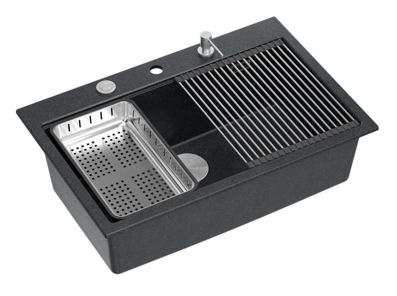 Quadri Hard Rock antraciet granieten opbouw grote spoelbak 76x50cm inclusief rvs plug en accessoires 1208967442 Quadri Hard Rock antracit gránit felépített nagy mosogató 76x50cm rozsdamente