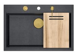 Quadri Hard Rock antracit gránit mosdókagyló 76x50 cm arany dugóval és tartozékokkal 1208967444