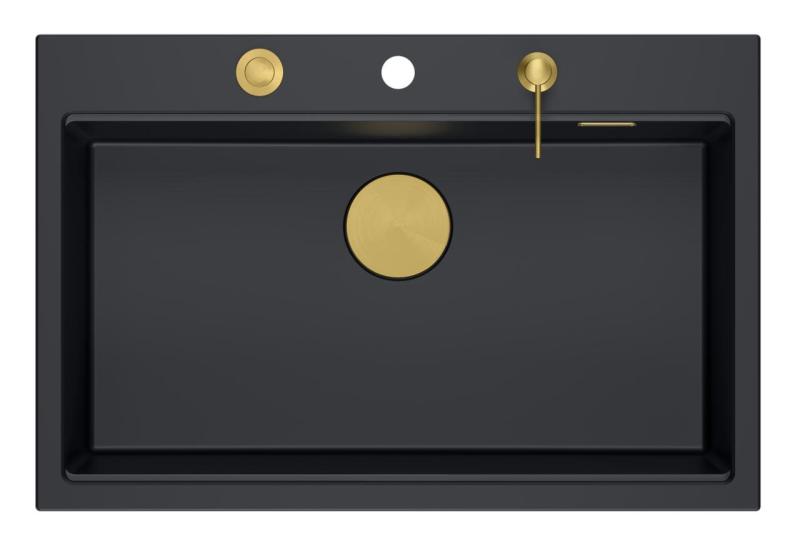 Quadri Hard Rock antracit gránit mosdókagyló 76x50 cm arany dugóval és tartozékokkal 1208967444