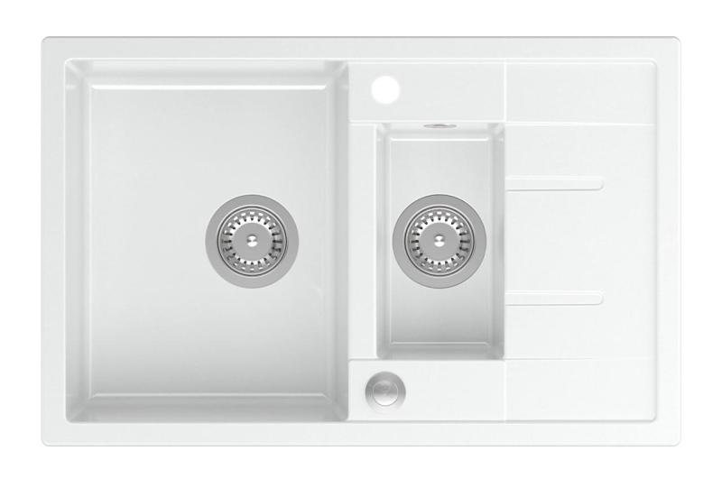 Quadri Brenton fehér gránit mosogató 1,5 mosogatótálcával és csepegtetővel 78x50cm rozsdamentes acél dugóval 1208967491