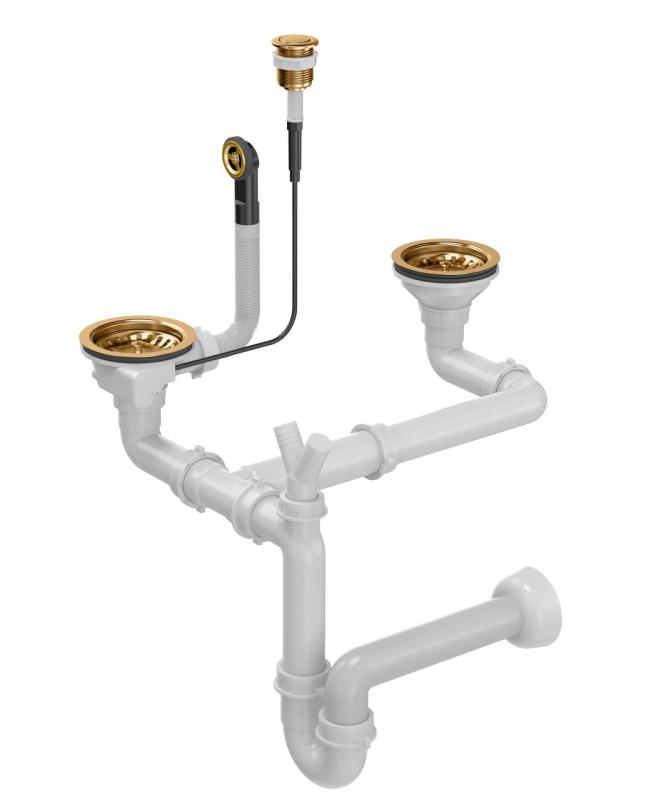 Quadri réz dupla mosogatótál lefolyókészlet és túlfolyó push to open gombbal réz 1208967546