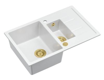 Quadri Brenton fehér gránit mosogató, 1,5 medencés, csepegtető tálcával, 78x50cm, arany lefolyóval, 1208967551