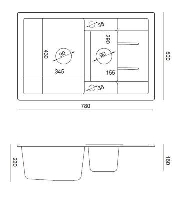 Quadri Brenton fehér gránit 1,5 medencés felépítmény csepegtetőtálcával 78x50 cm réz dugóval 1208967552