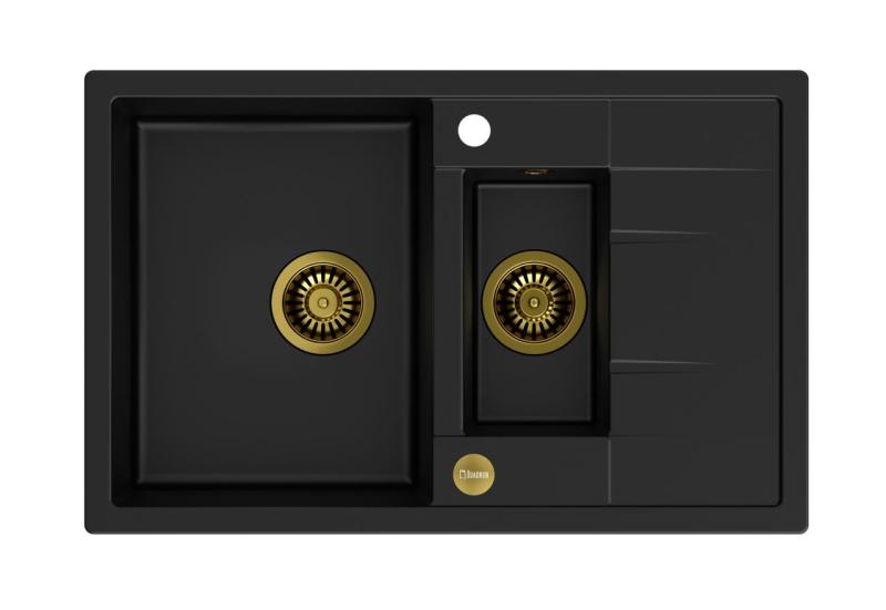 Quadri Brenton fekete gránit mosogató 1,5 medencével és csepegtetővel, 78x50 cm, arany színű dugóval 1208967554