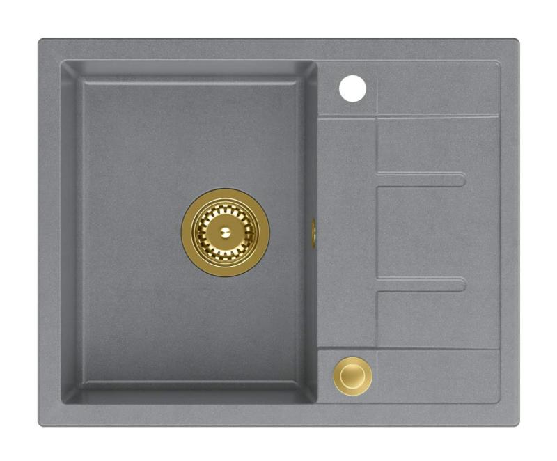 Quadri Dalton szürke gránit mosogató csepegtető felülettel 62x50cm arany lefolyóval 1208967565