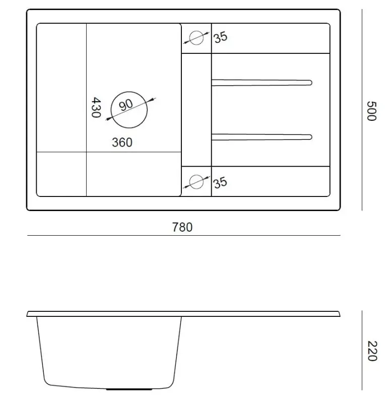 Quadri Sheffield Fekete Gránit Mosogató 78x50cm Csepegtetővel és Arany Dugóval - 1208967581