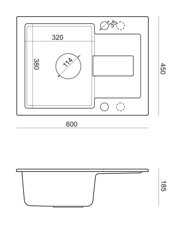 Quadri Sutton Antracit Gránit Mosogató 60x45cm Csepegtetővel, Megfordítható Fekete Dugóval - 1208967586