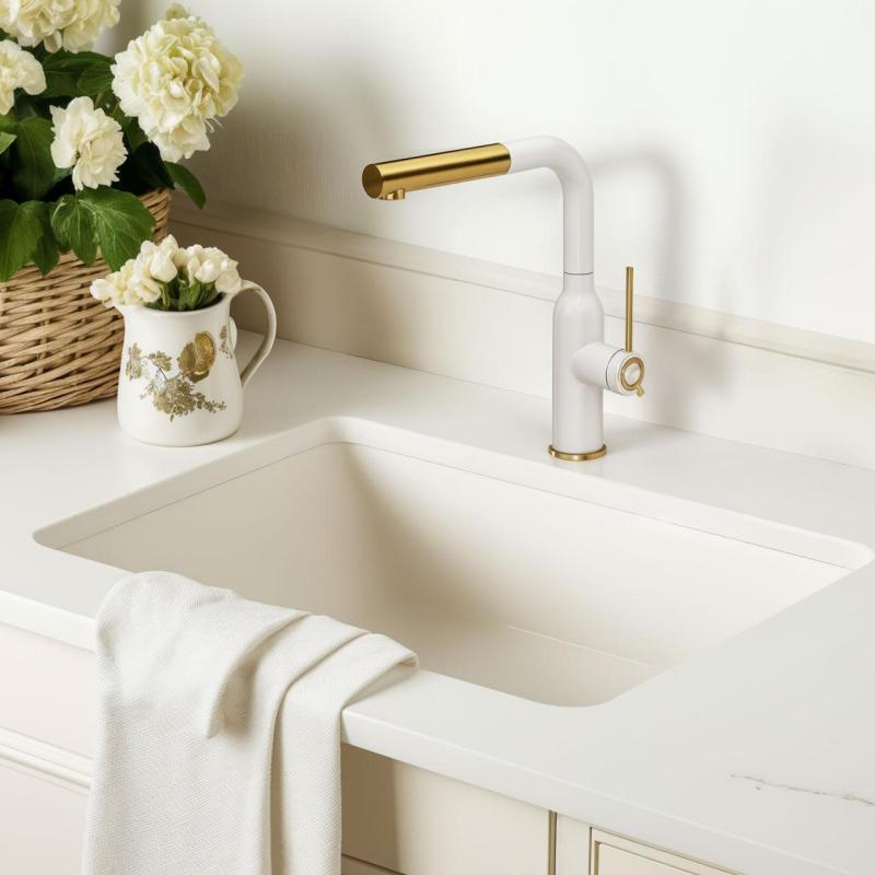 Quadri Stamford Konyhai Csaptelep Fehér színben, PVD Arany Bevonattal és Kihúzható Kifolyóval 1208967686
