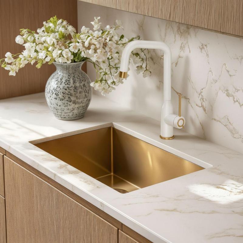 Quadri Stamford Konyhai csaptelep Fehér PVD Arany Bevonattal és Forgatható Szögletes Kifolyóval 1208967697