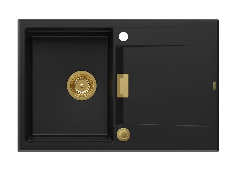 Quadri Minton Gránit Beépíthető Fekete Mosogató 76x50cm Csepegtetővel Megfordítható és Arany Dugóval 1208967739