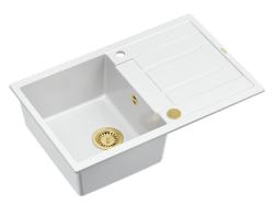 Quadri Sheffield Fehér Gránit Mosogató Medence 78x50cm Csepegtetővel és Arany Dugóval - 1208967802