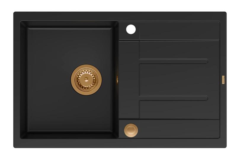 Quadri Sheffield Fekete Gránit Mosogató 78x50cm Csepegtetővel és Réz Dugóval - 1208967804