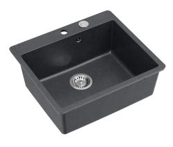 Quadri Sheffield Antraciet Graniet Aanrechtblad of Vlakke Inbouw Spoelbak 57x50 cm met Kraangatbank en RVS Plug - 1208967811