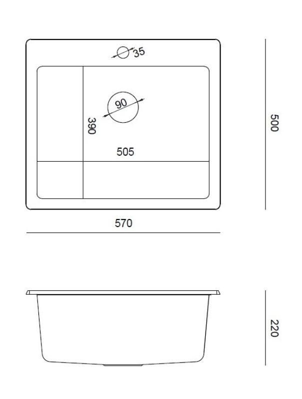 Quadri Sheffield Antraciet Gránit Beépíthető vagy Síkba építhető Mosogató 57x50 cm Csaptelephellyel és Arany Dugóval - 1208967813