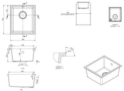 GraniteMy Universal Fehér gránit mosogató 34x40 cm fehér felépítményes, alépítményes és síkba építhető, gun metal dugóval 1208967904