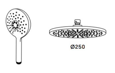 Waterevolution Flow háromútú zuhanykeverő csaptelep 250mm átmérőjű főzuhannyal és kerek kézi zuhannyal, rozsdamentes acél T131NR25IE