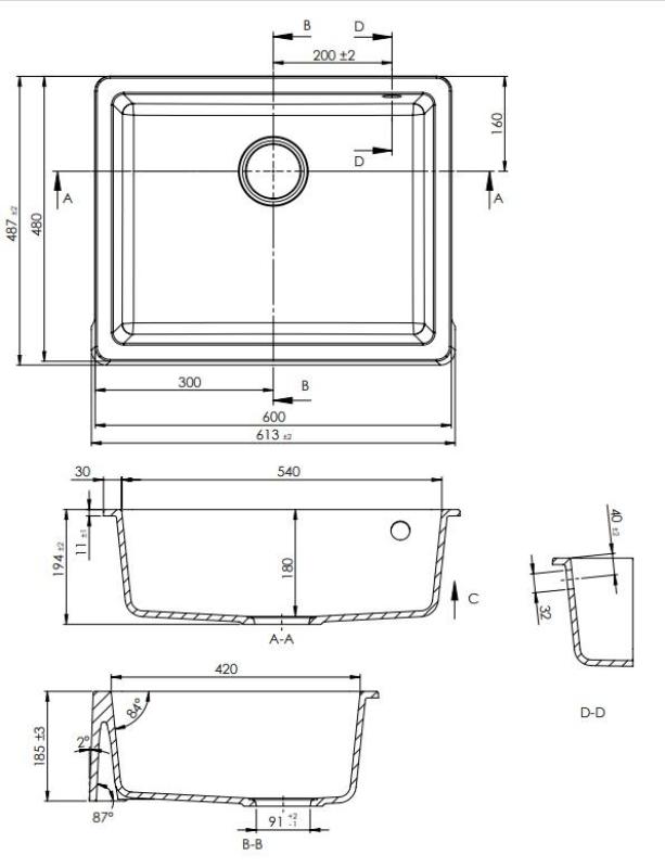 GraniteMy Tradition Vidéki Mosogató Gránit Mosogatótálca 60x48 cm Fekete Alsó- és Síkbeépítés Fekete Dugóval 1208967936