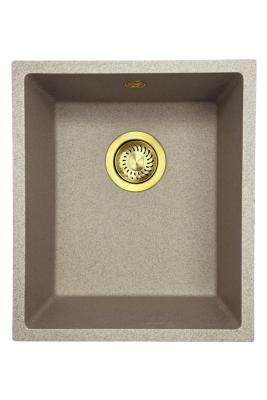 GraniteMy Universele granieten beige zand spoelbak 34x40 cm opbouw, onderbouw en vlakbouw met gouden plug 1208968008