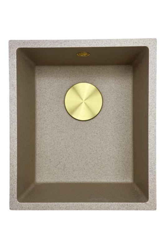 GraniteMy Universele granieten beige zand spoelbak 34x40 cm opbouw, onderbouw en vlakbouw met gouden plug 1208968008