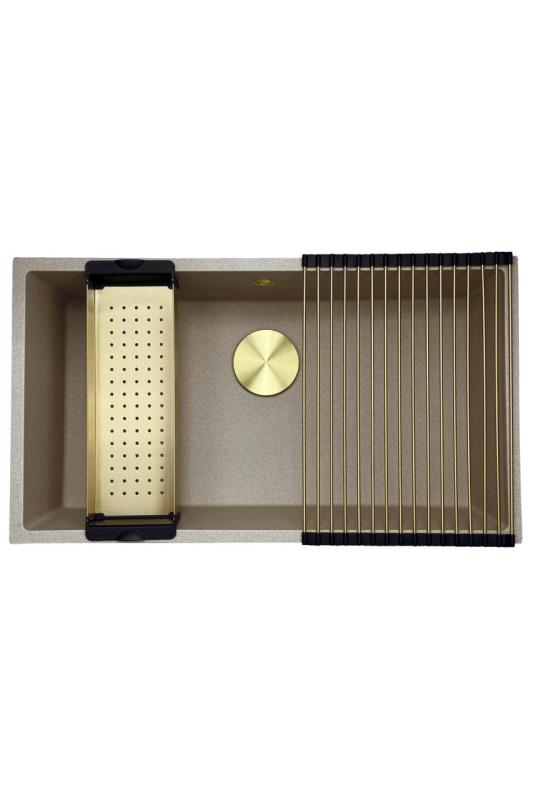 GraniteMy Universal gránit bézs homok mosogató 74x40 cm felépítmény, alépítmény és lapba épített arany dugóval 1208968018